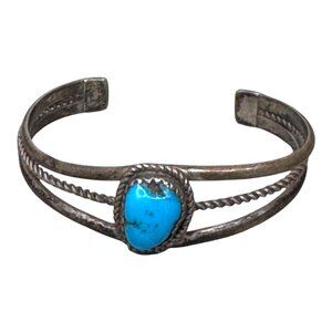 Vintage Childs Navajo Turquoise Sterling Silver Cuff Bracelet Artisan Crafted 5